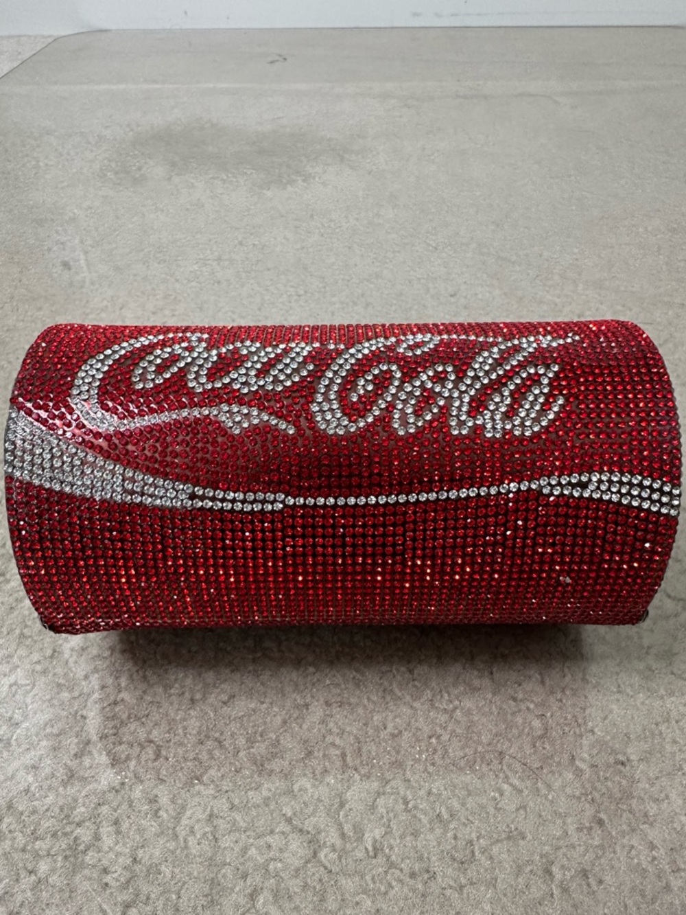 COCA COLA RED CLEAR CRYSTAL RHINESTONE BARREL CLUTCH BAG REMOVABLE CHAIN STRAP